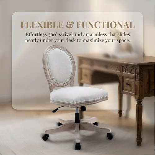 Miniatura 6 de LukeAlon Silla giratoria de lino vintage de 360°, silla de tareas de altura ajustable beige, marco de madera sin brazos, respaldo redondo y ruedas