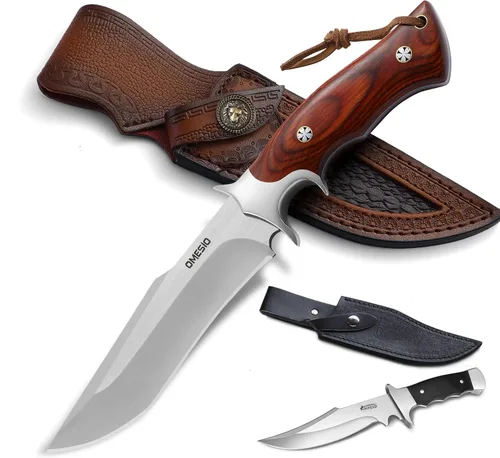Omesio 2 cuchillos de hoja fija con funda, cuchillos de supervivencia Fulltang EDC cuchillos de caza con funda para hombre, mango de madera