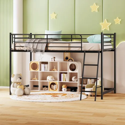 Miniatura 2 de Bonnlo Cama baja tipo loft tamaño individual, marco de cama individual de metal con escalera inclinada y barandillas de seguridad, diseño