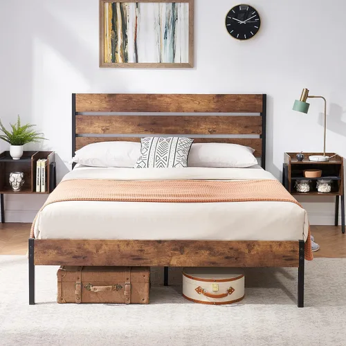 Miniatura 18 de VECELO Base de cama tamaño individual, plataforma de metal resistente con cabecera de madera, no necesita somier, color marrón antiguo
