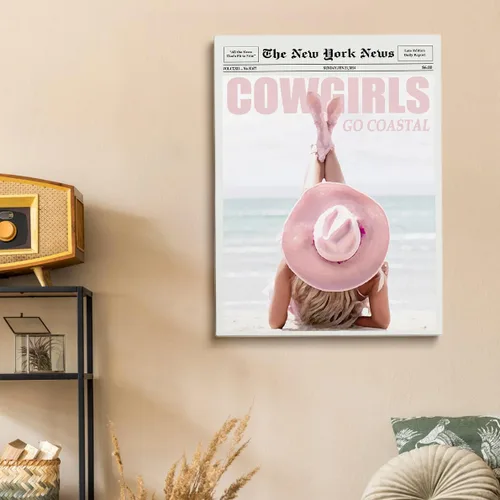 Miniatura 3 de Arte de pared de vaquera costera rosa, póster de periódico vintage de los años 70, revista de surf costero, póster retro chic de surfista de playa