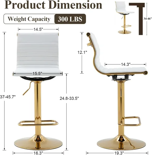 Miniatura 3 de Taburete de bar blanco de piel sintética ajustable en altura de mostrador con respaldo para isla de cocina, barra de desayuno