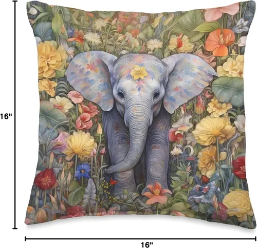 Miniatura 4 de Nature's Neighborhood Batik - Almohada de elefante floral, 16 x 16 pulgadas, multicolor