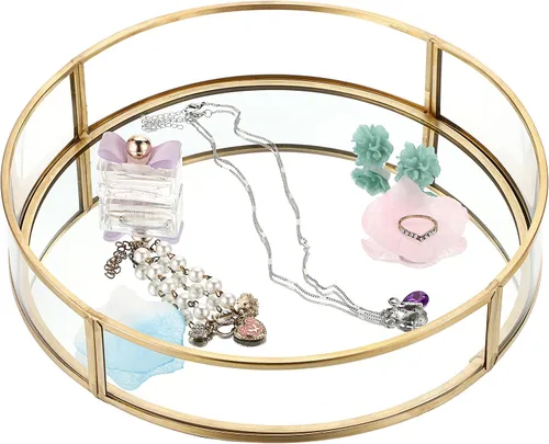 Miniatura 9 de ELLDOO Bandeja decorativa de vidrio redondo dorado, bandeja de joyería de espejo de metal de 9.9 pulgadas, organizador de perfume de maquillaje