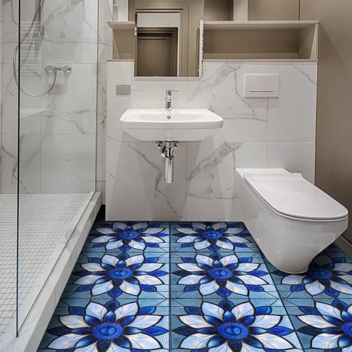 Miniatura 7 de IVN 10 piezas azulejos de suelo de 12x12 pulgadas de vidrio manchado azul con patrón de flores, despegar y pegar, removibles, pegatinas de vinilo