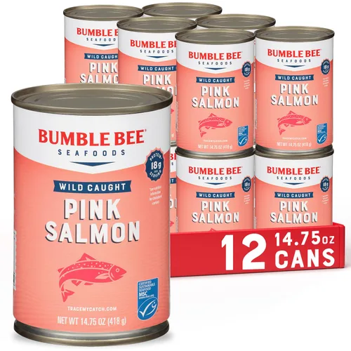 Bumble Bee Salmón rosado enlatado, latas de 14.75 onzas (paquete de 12) – Salmón capturado en la naturaleza premium con piel y huesos – 0.63 oz de