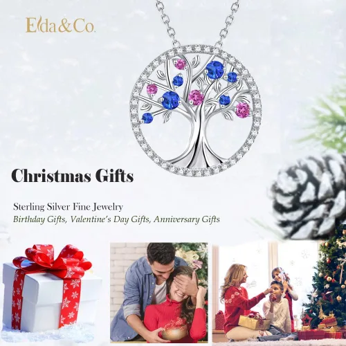 Miniatura 2 de Collar del árbol de la vida para ella, piedras natales de septiembre y octubre, zafiro azul, rosa, turmalina, joyería para mujer, joyería fina