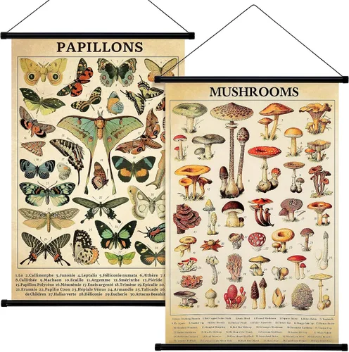 Geosar 2 piezas póster vintage de hongos, flores, mariposas y árboles, tabla ilustrativa para pared rústica, colgante para dormitorio y sala de