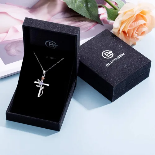 Miniatura 7 de BlingGem Collar de cruz para mujer, collar de plata de ley 925, colgante de cruz rosa, circonita cúbica 5A, 12 meses de nacimiento, aniversario