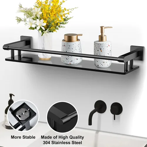 Miniatura 7 de Estante de vidrio para baño, estantes de baño de 20 pulgadas con toallero, estantes de vidrio templado con toallero de acero inoxidable para estante