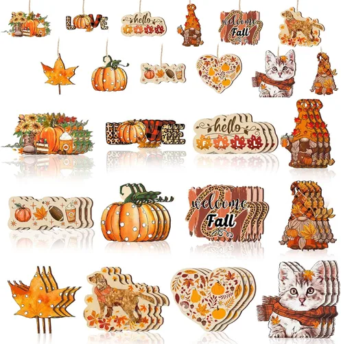 Miniatura 11 de FairySandy 36 piezas de decoración y adornos de árbol de otoño, gnomos de Acción de Gracias, adornos colgantes de madera, calabazas, hojas, flores