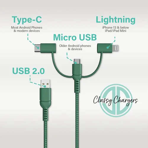 Miniatura 2 de Classy Chargers Cables de carga universales de nailon 3 en 1 para iPhone, Android y más Cable Lightning certificado de 6 pies, tipo C, micro USB