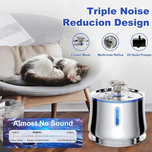 Miniatura 2 de Fuente de agua automática para mascotas con ventana de nivel de agua, acero inoxidable de 2.5 L, ultra silenciosa para gatos y perros, Comedero