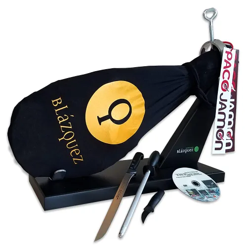 Paleta Ibérica Kit Profesional, 12 Libras, 2 Años de Curación, 50% Raza Ibérica, 20-25 Porciones + Jamonero Profesional + Juego de Cuchillos ARCOS