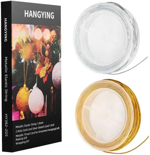 Miniatura 13 de Cordón elástico metálico para colgar adornos, decoración, envoltura de regalos, 0.039 in, 65 yardas (plateado)