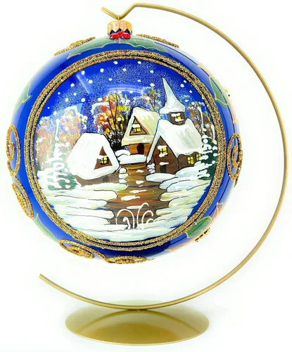 Miniatura 40 de Adorno navideño de capilla azul con soporte, bola de vidrio soplado polaco pintada a mano, bola extra grande de 8 pulgadas/200mm, adorno de fe eterna