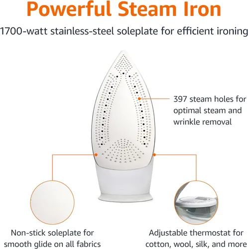 Miniatura 2 de Amazon Basics – Plancha de vapor de 1200 W, 10”, con suela de teflón antiadherente, tanque de agua de 5 fl oz (150 ml), apagado automático