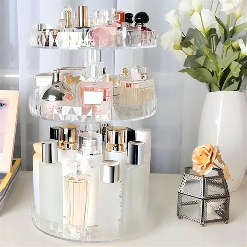 Miniatura 8 de Organizador de perfumes, organizador de maquillaje giratorio de 360 grados, caja de almacenamiento de cosméticos de diamante, estante giratorio