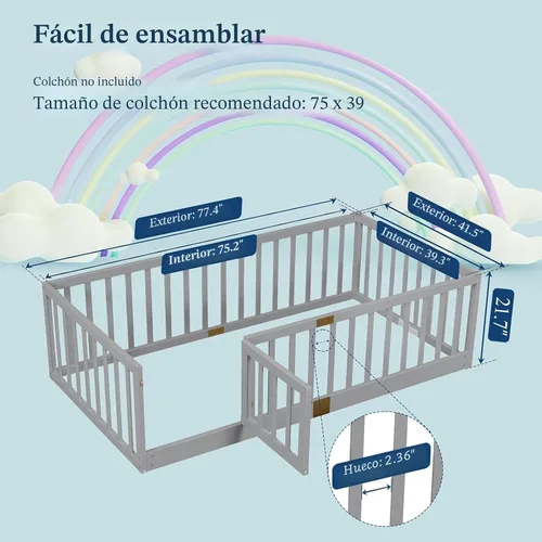 Miniatura 2 de Tatub Cama Montessori de suelo individual con rieles altos, marco de cama Montessori de madera maciza para niños, la puerta se puede instalar a Gris