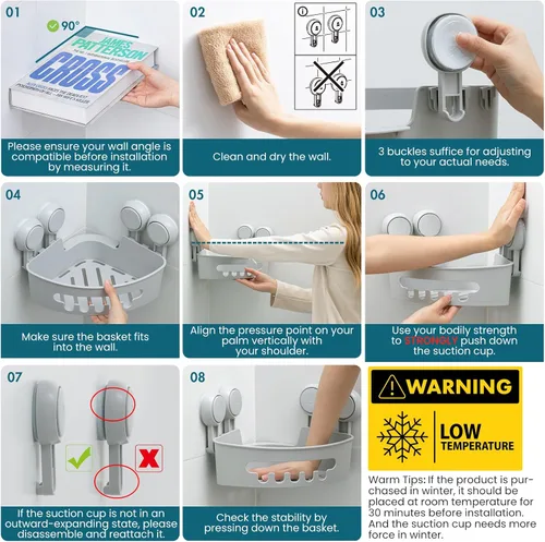 Miniatura 7 de TAILI Organizador de ducha de esquina con ventosas, organizador de pared montado, estante de plástico para baños pequeños, cocina, cesta de estante