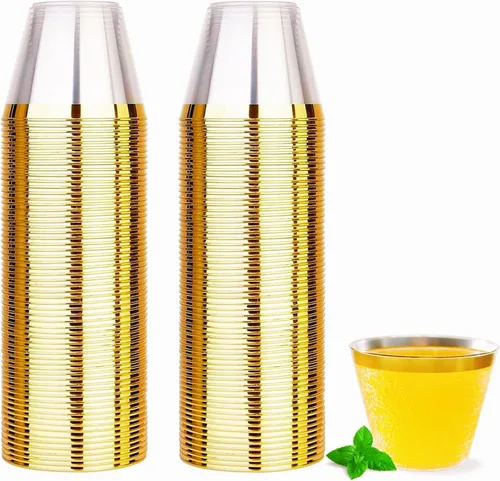 YOUTHSHIP 100 vasos de plástico transparente con borde dorado, vasos desechables de alta calidad de 9 onzas, vasos de plástico duro para fiestas y