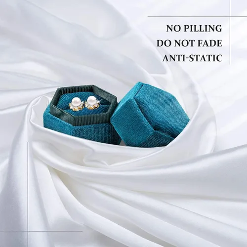 Miniatura 5 de Caja hexagonal de terciopelo para anillos con doble anillo, elegante caja de almacenamiento de joyas para propuestas, compromiso, aniversario, Blanco