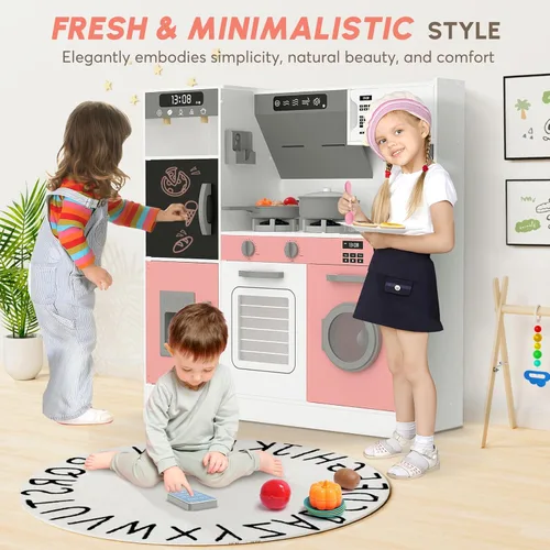 Miniatura 5 de BIERUM Cocina de Juguete con Luces y Sonidos Realistas, Juego de Cocina de Madera con 28 Piezas de Comida de Juguete y Accesorios de Utensilios