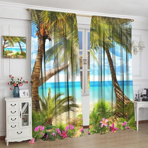 Miniatura 4 de Cortinas de playa con estampado de plantas tropicales y árboles de coco, paisaje natural, con bolsillo para barra, 2 paneles, decoración