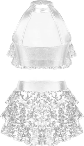 Miniatura 3 de JEATHA Top corto con borlas y lentejuelas brillantes para niñas, con minifalda, jazz latino, salsa, samba, rumba, baile