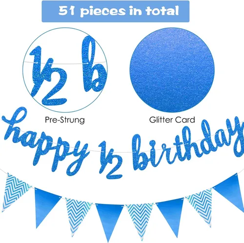 Miniatura 3 de Skylety Decoraciones de 1/2 de mitad de cumpleaños, traje de 6 meses, pancarta de bebé, decoración de cupcakes, bandera triangular, globos de Azul