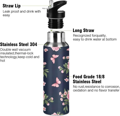 Miniatura 3 de Pink Peonies Botella de agua aislada de 20 onzas, botella de agua deportiva sin BPA con popote a prueba de fugas