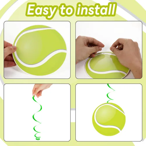 Miniatura 4 de 60 piezas de decoración de remolinos de papel de aluminio para fiesta de tenis, pancartas colgantes de techo con pelota de tenis, decoración