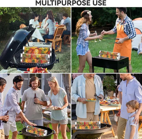 Miniatura 7 de 2 cestas enrollables para parrilla, cesta de verduras para parrilla, cestas redondas de acero inoxidable para parrilla al aire libre, cesta