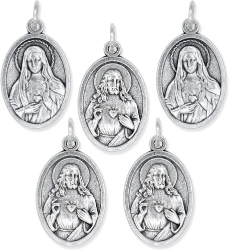 Miniatura 2 de Paquete de 5 medallas del Corazón de María y el Sagrado Corazón de Jesús Colgantes católicos oxidados de plata de 1 pulgada para collar y rosario