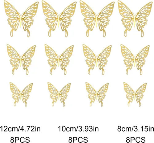 Miniatura 3 de Calcomanías de pared 3D con diseño de mariposa, 24 unidades, 3 tamaños, removibles, doradas, mariposas, decoración de fiestas, calcomanías de pared