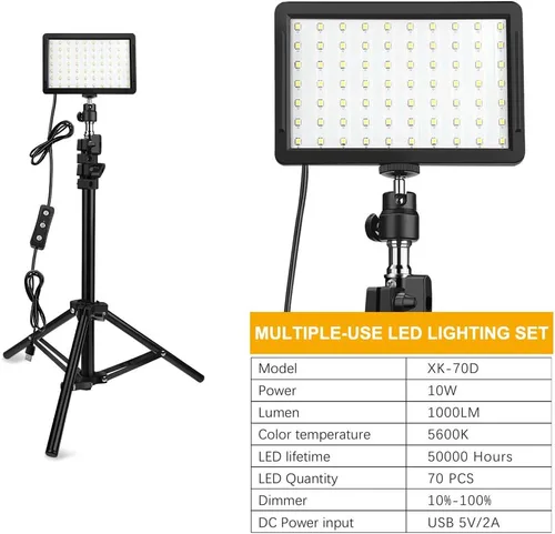 Miniatura 6 de 3 paquetes de 70 LED Luz de video con soporte de trípode ajustable/Filtros de color, Kit de iluminación de estudio USB Obeamiu 5600K