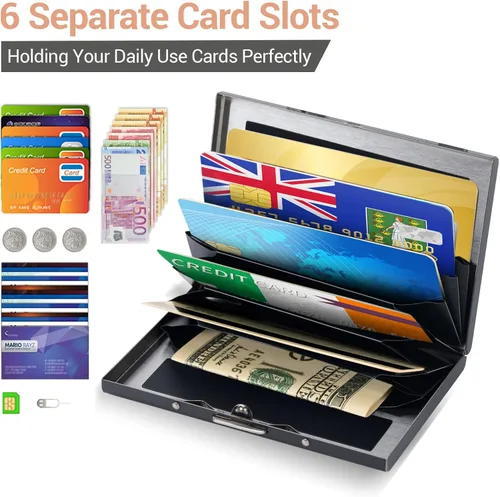 Miniatura 2 de BONSYL® Soporte para tarjetas de crédito, cartera delgada de metal con bloqueo RFID, con 6 ranuras para tarjetas, para mujeres y hombres.