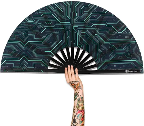 Miniatura 11 de Ventilador plegable grande, ventilador Clack Rave de 13 pulgadas, ventilador de mano para mujeres y hombres con tela de satén de alta calidad, marco