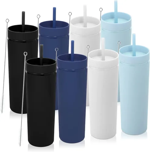 Miniatura 41 de Volhoply Paquete a granel de 4 vasos delgados de plástico de 20 onzas, vaso de doble pared con tapa y popote, taza reutilizable de viaje para café