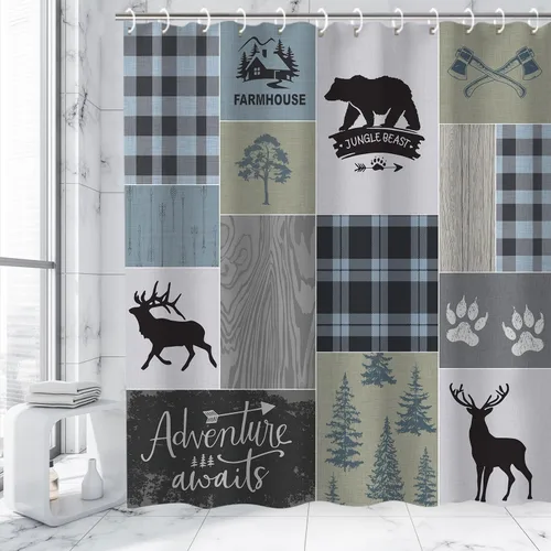 Miniatura 3 de RosieLily Cortina de ducha de cabaña, cortina de ducha rústica, cortinas de ducha de oso y ciervo, cortinas de ducha con 12 ganchos, juego