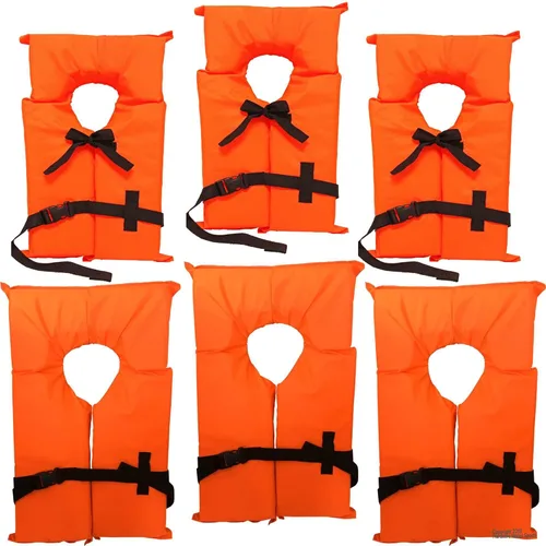 6 Pack Coast Guard Approved Life Jackets. High Visibility Color Type II Keyhole Life Vest in Classic May West Style. Compliance Flotation Device