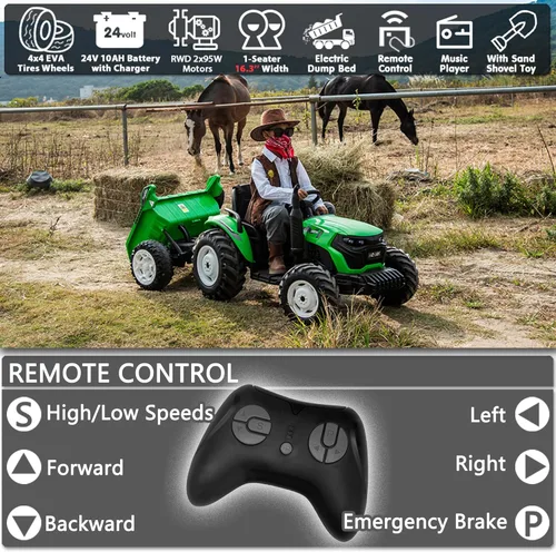 Miniatura 5 de sopbost Tractor de Juguete de 24V 10Ah para Niños Grandes 6+ 2WD con Remolque Eléctrico, Control Remoto, Ruedas EVA Extra Grandes, Capacidad de Verde