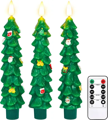 3 Piezas Velas de Árbol de Navidad Sin Llama con Control Remoto y Temporizador, Funcionan con Baterías con Llama Parpadeante 3D, Velas Cónicas de 7