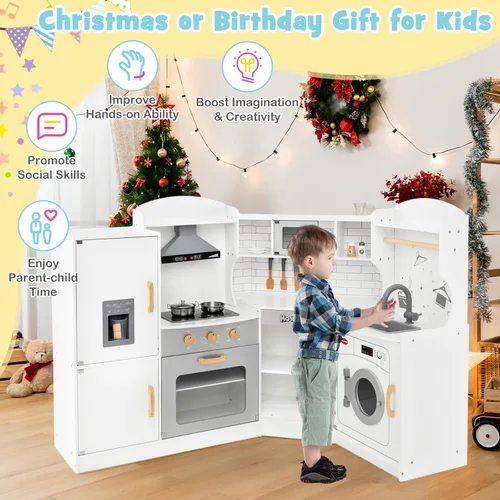 Miniatura 6 de HONEY JOY Juego de cocina esquinera para niños, cocina de madera definitiva para niños pequeños, lavadora, máquina de hielo, fregadero, microondas