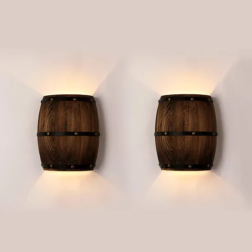 Paquete de 2 apliques de pared de barril de vino de madera antiguo para interiores arriba y abajo, lámparas de pared para área de bar, tema steampunk