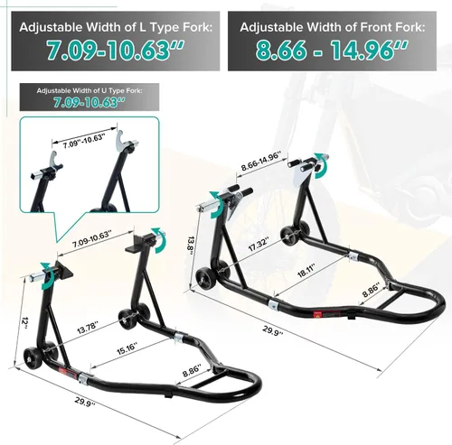 Miniatura 2 de Soporte para rueda delantera y trasera de motocicleta (850 lb), soporte de elevación de brazo oscilante, color negro, U+L
