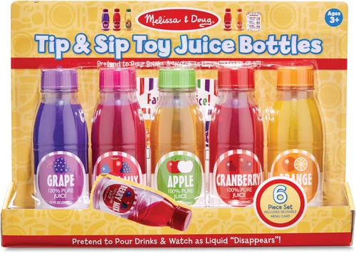 Miniatura 6 de Melissa & Doug Tip & Sip - Botellas de jugo de juguete y tarjeta de actividad (6 piezas) juego de comida de juego de simulación, comida de cocina