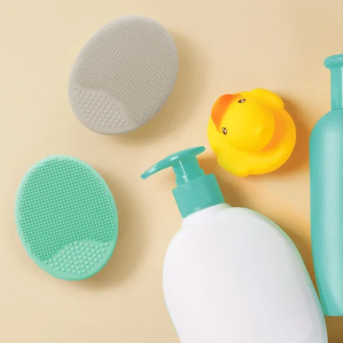 Miniatura 4 de S&T INC. Cepillos de baño exfoliantes y de masaje para la costra láctea del bebé, de silicona - 2 pulgadas x 2.5 pulgadas, gris y turquesa, paquete