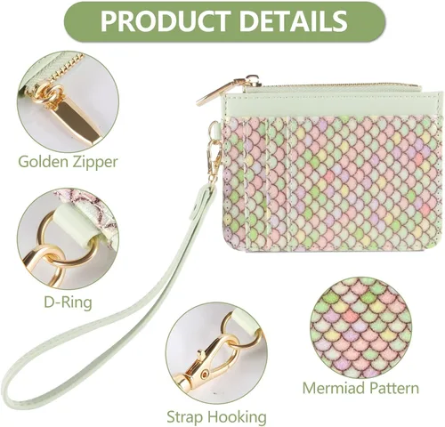 Miniatura 4 de Cartera pequeña de cuero con protección RFID de sirena para tarjetas de crédito, cartera delgada con correa para la muñeca con bolsillo