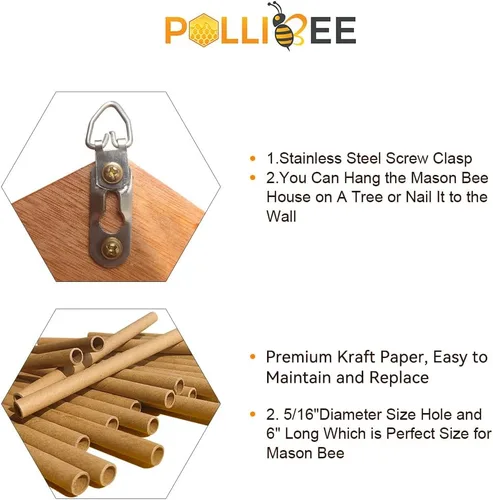 Miniatura 3 de Mason Bee House - Colmena de abejas de madera natural hecha a mano recubierta con cera para una larga vida útil y resistente al agua - Atrae